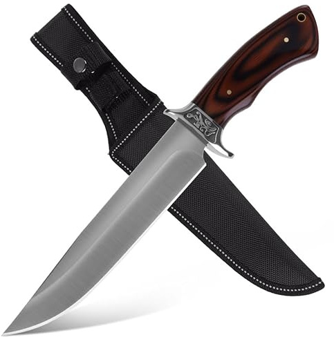 GER-SABER Outdoor Messer 32cm – Clip-Point Klinge, Klassischer Handschutz mit Motiv, Schwarznussbaum-Griff, Treuer Naturhelfer