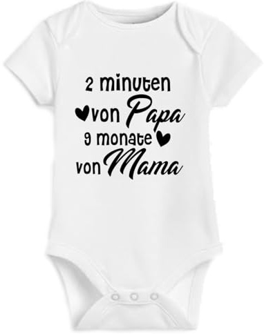 mydesignhub Baby Body Weiß mit Lustigem Spruch 2 Minuten von Papa 9 Monate von Mama Lustig Motiv Sprüche Strampler Kurzarm fun Babybody Baumwolle Druckknöpfe Geschenk Geburt