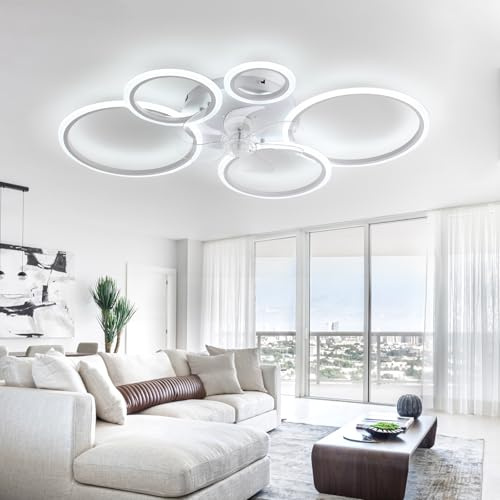 Ventilador de techo LED rosa para niñas con luces, ventilador moderno con forma de estrella para dormitorio de niñas, lámpara silenciosa de perfil bajo y control remoto, altavoz Bluetooth, 7 aspas, i