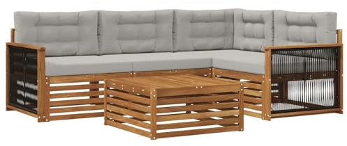 vidaXL Outdoor-Sofagarnitur mit Kissen 5 pcs Natürlich und Hellgrau, Patio Loungeset, modernes Sofa für draußen, wetterbeständiger Gartenspaß, Bequeme Terrassenmöbel
