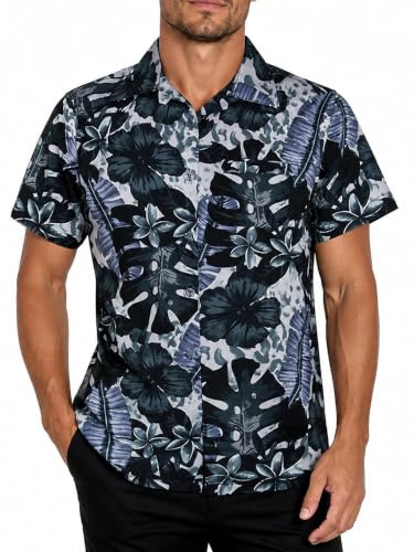 King Kameha Funky Hawaii-Hemd Herren Kurzarm Front-Tasche Tropisch Blätter Blüten Allover Unisex