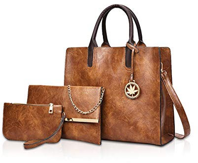 NICOLE&DORIS Sac à main en cuir 3 pièces sacoches sac fourre-tout cuir pour dames + bandoulière + porte-monnaie marron