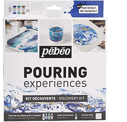 Pébéo Kit découverte Pouring 4x59ml + Silicone 50ml, Acrylique, Blanc, Bleu, Turquoise, Or, Ensemble de 6 pièces, Set de 50
