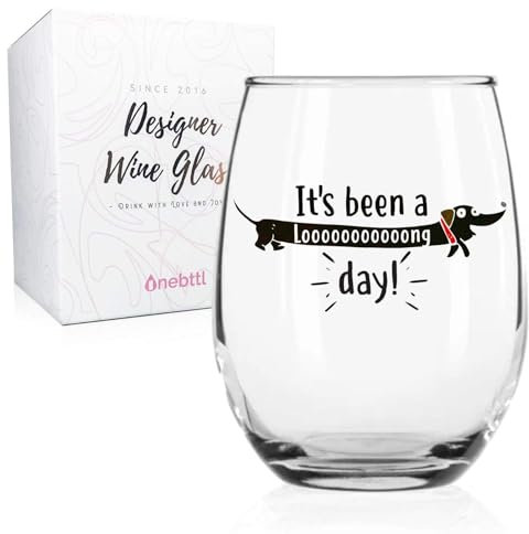 Dachshund Gifts for Women Men, Funny Glass for Sausage Wiener Dog Lover, Owner, Onebttl 550ml Stemless Wine Glass, It's Been A Long Day
