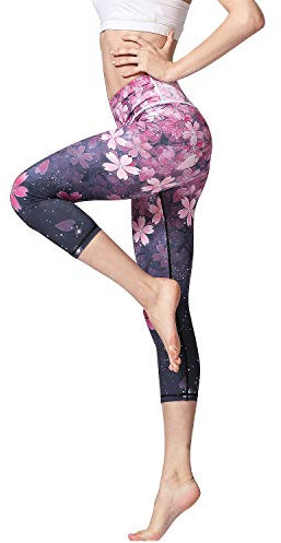 HAPYWER Yoga Leggings Damen High Waist Yogahose Bunt Gym Sport Leggings Tummy Control Running Workout - Stretch Kompressionshose mit Aufdruck für Frauen(7/8 Kirschblüte,S)