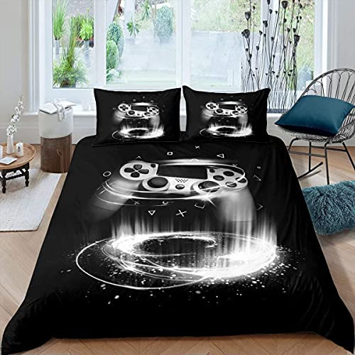 Loussiesd Gamer Bettwäsche Set Jungen Teens Videospiel Gaming Bettbezug Dreieck Kreis Trösterbezug Kinder Kleinkind Game Controller Bettwäsche 155x220cm Atmungsaktiv Mikrofaser, Schwarz Grau