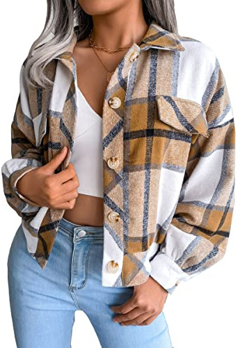 ORANDESIGNE Manteau à Carreaux Femme Élégant Veste Polaire Hiver Chemise Chaude Carreaux avec Poches Cardigan Décontractée Thermique H Kaki M
