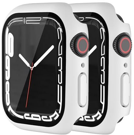 HANKN 2 Pezzi Rigido Custodia per Apple Watch Series 9 8 7 41mm Cover Proteggi Schermo Vetro Temperato, Antiurto Copertura Totale Iwatch (41 mm, Bianco x 2)