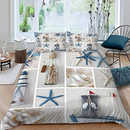 RFFLUX 3D Strand Leuchtturm Seestern Bettwäsche 135x200 cm 4teilig mit Reißverschluss Microfaser Warme Sommer Weich Bettbezug Set Kinderbettwäsche mit 2 Kissenbezug 80x80 cm für Mädchen Junge