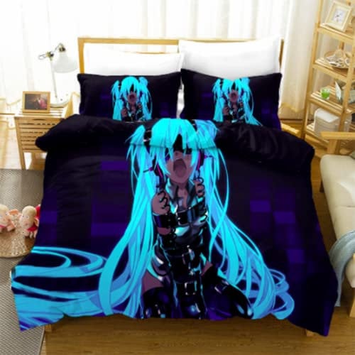 Hatsune Miku 3D-gedruckter dreiteiliger Cartoon-Bettbezug Kissenbezug Bettwäsche Einzel-Doppel-Kingsize-Bettwäsche für Kinder Teenager Otaku und Anime-Fans