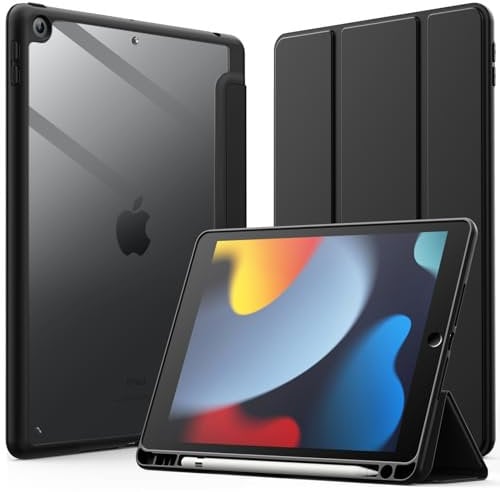 JETech Hülle für iPad 10,2 Zoll (9./8./7. Generation, 2021/2020/2019) mit Stifthalter, Klare Transparente Rückseitenschale Dünner Ständer Stoßfeste Tablet Schutzhülle (Schwarz)