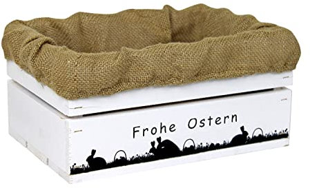 HW HOLZKISTEN-WELT Holzkiste Weiß mit Aufdruck Frohe Ostern Paarungszeit mit Juteeinlage - Osterkiste Geschenkverpackung Präsentkorb Geschenk