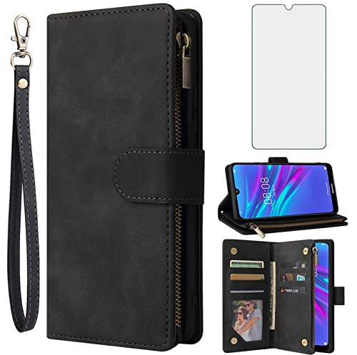 Asuwish Handyhülle für Huawei Y6 2019/Y6s/Honor 8A Hülle mit Folie Schutzfolie und Kartenfach Klappbar Leder Geldbörse Ständer Reißverschluss Hawaii 6Y Pro 2019 JAT-L41 MRD-LX1 Phone Case Schwarz