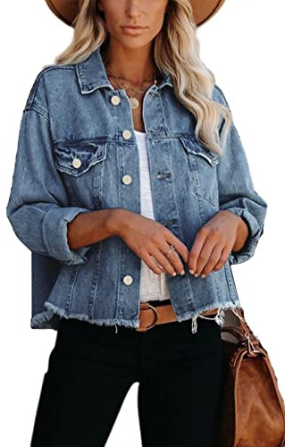 JayscreateEU Female Jeansjacke Kurze jacke Denim Jean Mantel Outwear Lange Ärmel Damen Jeansjacke mit Knöpfen Winter Herbst jacke Kanten und Waschen mit Tasche,hellblau,S