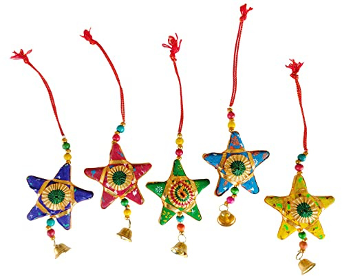 Rastogi Handicrafts Sternglocke und Halbmond, zum Aufhängen, 5 Stück, für Zuhause, Weihnachten, hängende Party, dekorative Ornamente, mehrfarbig, indisch, traditionell (mehrere 5 Sterne)