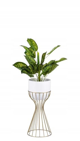 HowHomely Moderne Blumenständer Metall 46 cm Hoch mit Weiß Blumentopf Rund 18 cm Ø auf Robuste Gold Ständer - Pflanzenständer zur Dekoration Innenräumen
