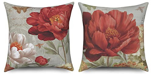 ASDCXZ Blume Kissenbezug 40x40 cm 2er Set, Frühling Retro Rot Weiß Blume Sofa Kissen Bezug Dekokissen Kissenbezüge Kissenhülle Waschbar Polyester Flachs Textil Outdoor Polster Kopfkissenbezug
