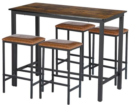 buybyroom Bartisch mit 4 Barhocker Set, Stehtisch Holz Esstischstuhl mit Gepolstert Bartisch Set Küchentisch Essgruppe Industrie-Design für Esszimmer, Wohnzimmer