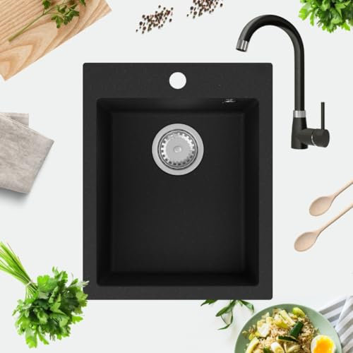 GRANMASTER Ivo Granitspüle 1 Becken mit Armatur und Siphon - Spülbecken Arbeitsplatte Küche Waschbecken mit Granit Schwarz Wasserhahn - 40 x 50 x 19,2 cm Spüle ohne Abtropffläche in Schwarz Metallic