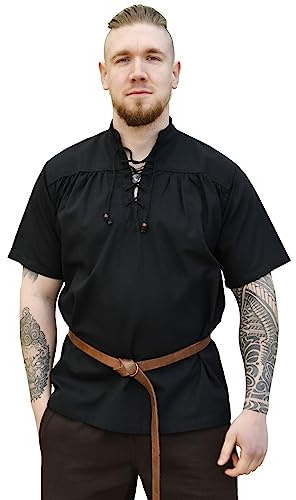 Battle-Merchant | Mittelalterliches Kurzarm-Hemd für Herren | Wikingerhemd für Männer | Spätmittelalterliche Gewandung |Mittelalter, LARP, Wikinger, Pirat (M, Schwarz)