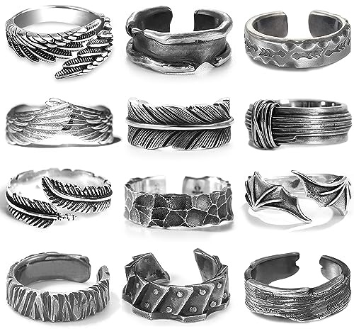 RIOSO 12Pcs Vintage Rings for Men Cool Adjustable Angel Wings Ring Goth Punk Open Ring Set