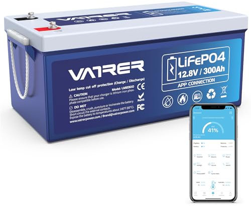 VATRER POWER 12V 300Ah Batteria Litio APP Bluetooth LiFePO4 con 200A BMS 3840W Batteria Ricaricabile 5000+ Cicli Profondi Perfetta per RV, Camper, Off-grid, Solare