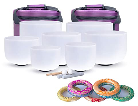 AVANEZ 432 Hz Chakra Set of 7 Crystal Singing Bowls 6-12/8-14 inch with Heavy Duty Carrying Cases and Singing Bowl Mallet and Silk Brocade Cushion (Size : 440 hz 6-12inch 7pcs)