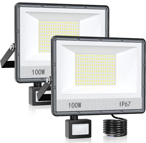 100W Faretto LED Da Esterno Con Sensore Di Movimento, 2 Pezzi 10000LM 180 LEDs Faro LED Esterno Con Sensore Movimento, IP67 Impermeabile 7000K Bianco Faro LED Esterno Per Fabbriche, Patio, Garage
