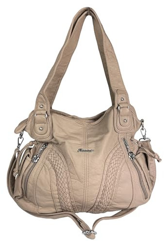 kennydoo Damen Handtasche mit langem Tragegeriemen/Schultertasche für den Alltag/viele Fächer/Reißverschluss/weiches Leder-Imitat 1555-3 (beige)