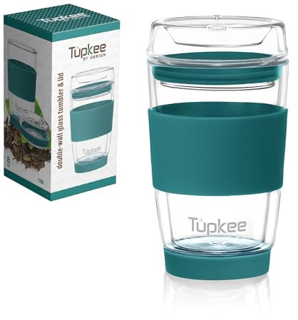 Tupkee Double Wall Glass Tumbler - 8-Ounce, All Glass Reusable Insulated Tea/Coffee Mug & Lid, Hand Blown Glass Travel Mug - Cyan