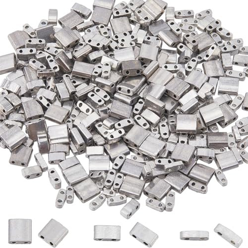 SUNNYCLUE 1 boîte de 300 pièces de 3 tailles de Perles Tila Argentées en Vrac, 2 trous, Quarts de 1/4, 1/2 entretoises de Perles Tila Carrées en Verre Japonais, Mini Perles Rectangulaires pour la Fabr