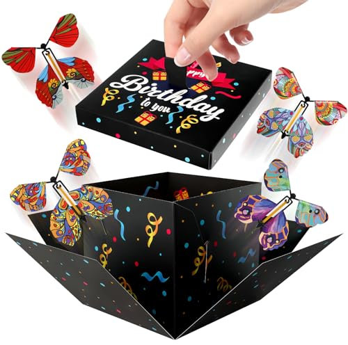 Texliney Schmetterlings Explosionsbox, DIY Explosionsbox Geburtstag mit Fliegende Schmetterlinge Explosion Box Pop Up Surprise Box für Geburtstag Hochzeit Abschluss Partydeko(Schwarz)