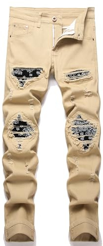 OIIIO Men's Patch Ripped Stretch Regular Fit Jean, 6659 Khaki, 30