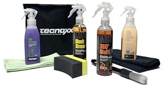 Tecnoxx Smart Detailing Bag – Kit Limpieza Coche Bolsa Maletero Restaurador de Plásticos, Abrillantador de Interiores Limpiador Multiusos Pantallas táctiles Cepillo Esponja Bayeta Microfibra Cristales