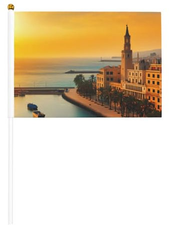 Sonnenuntergang in Barcelona doppelseitige handgewellte Flagge (6 Stück) - wasserdichtes Polyester-Material, geeignet für Spielunterstützung, Mini-Flagge, 6 Stück