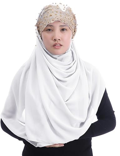 Lina & Lily Damen Hijab Kopftuch aus Chiffon mit Goldenen Pailletten & Glitzer & Perlen (Weiß)