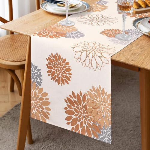 Inhobbok Tischläufer Orange Gelb Grau Modern Blumen Leinen Dahlie Attraktiv Bauernhaus Geometrischer Tisch Mitte Dekor Boho Tischläufer für Wohnzimmer Schrank Essparty Terrasse 33x183cm
