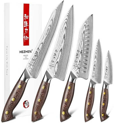 HEZHEN Damasco Set di Coltelli da Cucina Acciaio 5 Pezzi, Set di Coltelli da Chef Professionali in Acciaio Damasco Coltello Santoku,Universali Coltelli da Intaglio, Manico in Micarta Ergonomico
