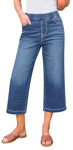 GRAPENT Womens Jeans Casual Summer Wide Leg Pants Colored Jeans for Women High Waisted Cute Denim Capri Pants Capris for Women Trendy Relaxed Color Medium Blue Large Size 12 to 14
