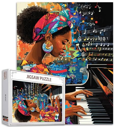 Afro-America Girl 1000 Piece Jigsaw Puzzles for Adults Painting Jigsaw Puzzle Africa Black Musician 1000 Pieces Puzzles Game Woman Playing The Piano Wall Decor Music Motes DIY Craft Puzzle Art(Red)