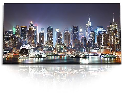 Paul Sinus Wandbild 120x60cm – New York City Skyline bei Nacht: Urbaner Glanz, Lichtermeer, Metropole, Großstadt, Wandbild, Leinwanddruck, Skyline, New York, USA
