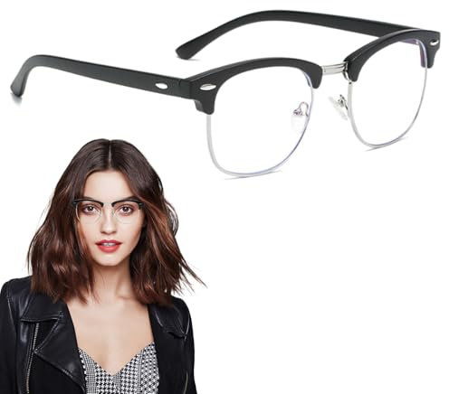 Blue Light Blocking Glasses, Black Half Frame Clear Lens Glasses Anti Bluelight Gaming Glasses Non-Prescription Clear Lens Glasses for Women Men, Unisex Round Glasses for Work Playing Gaming Computer