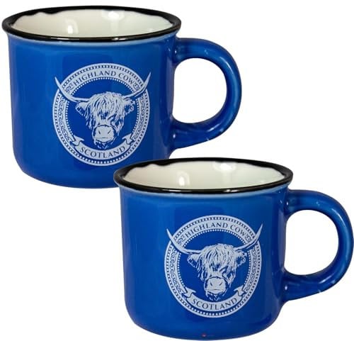 I LUV LTD Espresso Mug 3oz with Scotland Highland Cow Design, Blue Outside & White Inside, Scottish Gifts