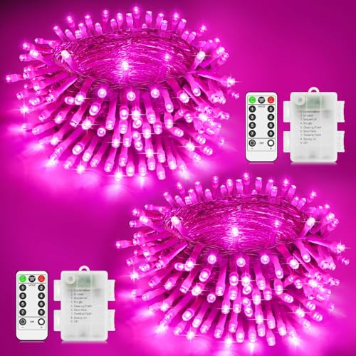 2 Pack Fairy Lights Battery Operated Christmas Lights Outdoor Total 20M 200 LED String Lights Waterproof with Remote Timer 8 Modes for Indoor Bedroom Outside Garden Wedding Party Decorations-Pink