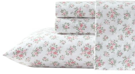 Laura Ashley - Sheets, Cotton Percale Bedding with Matching Pillowcases, Crisp & Breathable, Deep Pocket, Fully Elasticized (Leanna Rose Pink, King)