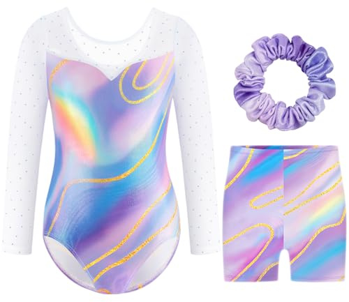 Boteria Dreiteilige Gymnastikanzug Mädchen Turnanzug Leotard Turnshorts und Haarband Set, Langarm Ballettröckchen Kleid Trikotanzug Gymnastik Outfit Set für 5-12 Jahre (Phantomfarbe, 140(11-12Jahre))