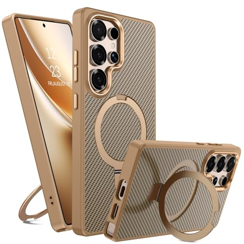 GUAGUA Magnetisch Handyhülle für Samsung Galaxy S25 Ultra Hülle [Kompatibel mit MagSafe] mit Ring Ständer Carbon Fiber Muster Stoßfest Schutzhülle Case für Samsung S25 Ultra (6,9'') Titan Wüstensand