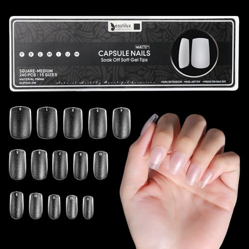 Beautilux 240 Pièces Capsule Americaine Ongle Carré Moyen, 15 Tailles, Couverture Complète Pré-poncé Mat Capsules Ongles, pour Débutant en Manucure Nail Art