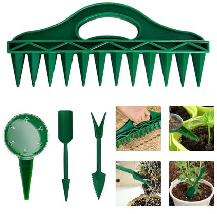 Lot de 4 Outils de Jardinage – Distributeur de Graines Semis, Distributeur de Semences, Fourche pour Semis, Pique-Plant, Outils pour Plantation, Rempotage et Semis de Plantes