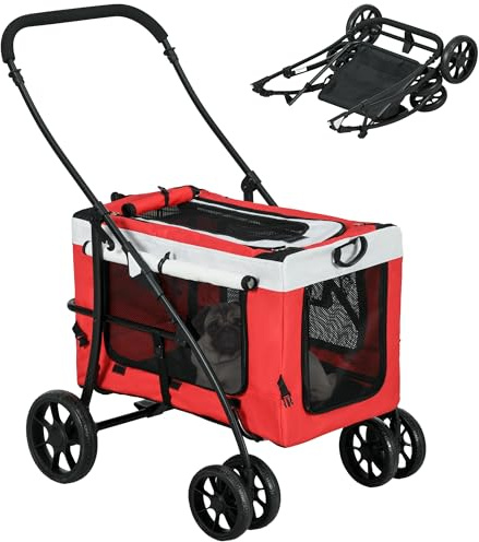 PawHut Faltbarer Kinderwagen für Tiere Hund Katze 2-in-1, abnehmbare Babywanne, Schultergurte, 4 Räder mit Bremse, 600D Oxford-Stoff, 81 x 58 x 97,5 cm, Rot